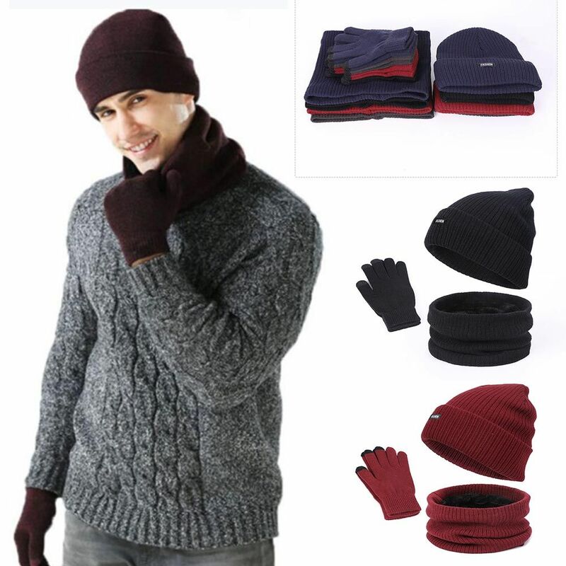 Guantes de pantalla táctil para hombres y mujeres, calentador de cuello, sombrero, bufanda, conjunto de guantes, gorro de lana, bufanda cálida de invierno