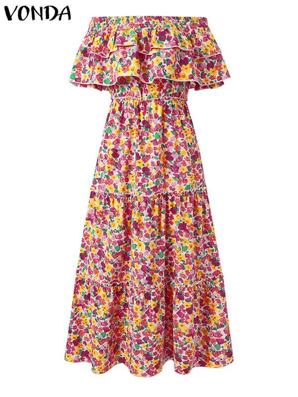 VONDA 보헤미안 플로럴 프린트 맥시 롱 드레스, 2023 여름 여성 캐주얼 루즈 러플 비치 반팔 파티 로브, 플러스 사이즈 5XL