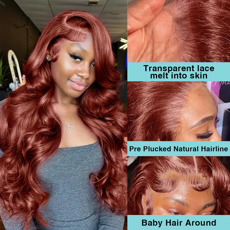 Wig rambut manusia, 200% coklat kemerahan gelombang 13x6 HD renda depan 30 32 inci gelombang air 13x4 Wig rambut manusia renda Frontal untuk wanita