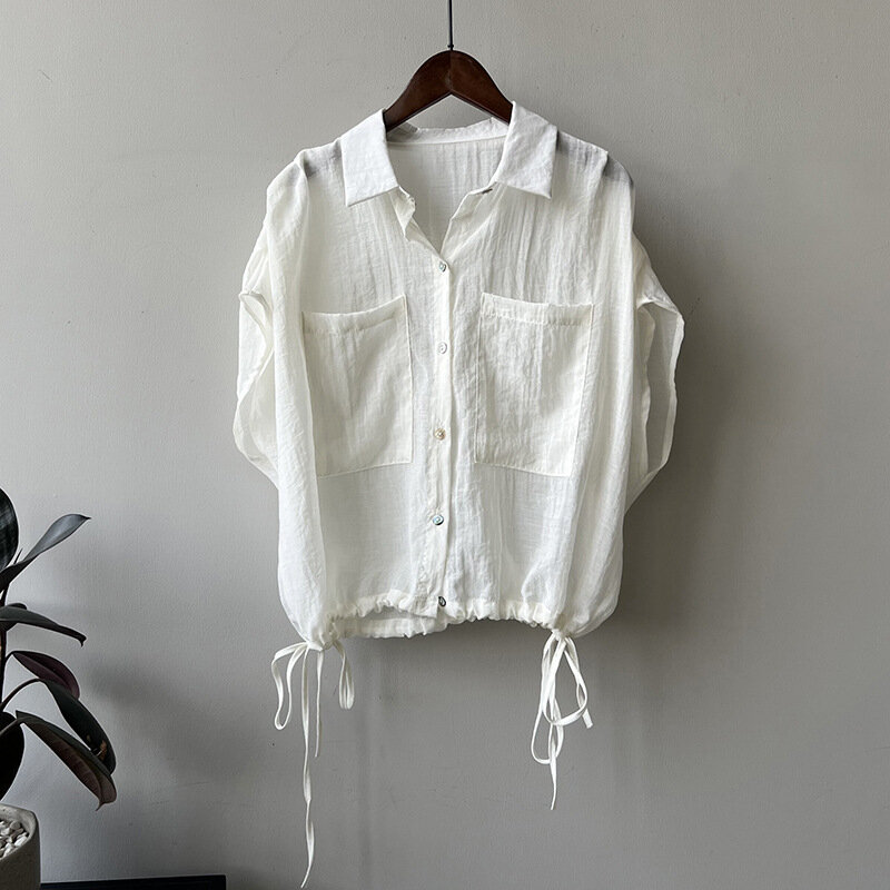 Women Clothing Drawstring Short-sleeved Shirt 2024 Summer French Style Shirt Lapel Bubble Sleeve Solid Color Casual Shirt