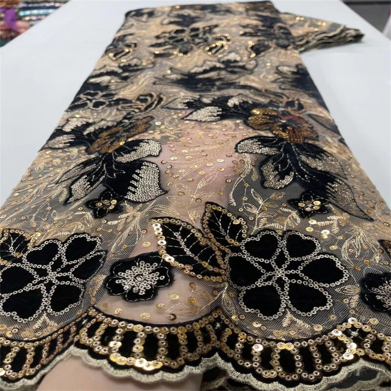 Afrikanischer Samts pitzen stoff, hochwertiges Abendkleid, luxuriöse Pailletten stickerei, nigerian ische Mode, 5 Meter, 2024