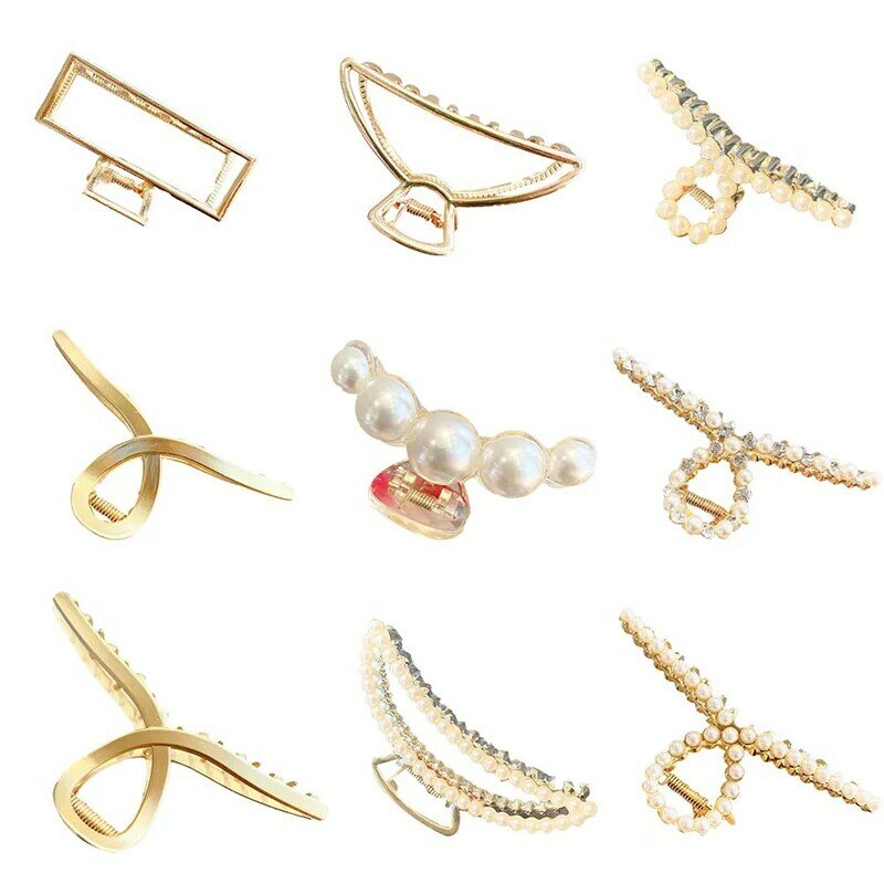 ncmama Fashion Metal Pearl Hair Claw For Women Gold Color Crab Hair Clip Girls Elegant Geometric Hairpin Korean Hair Accessories