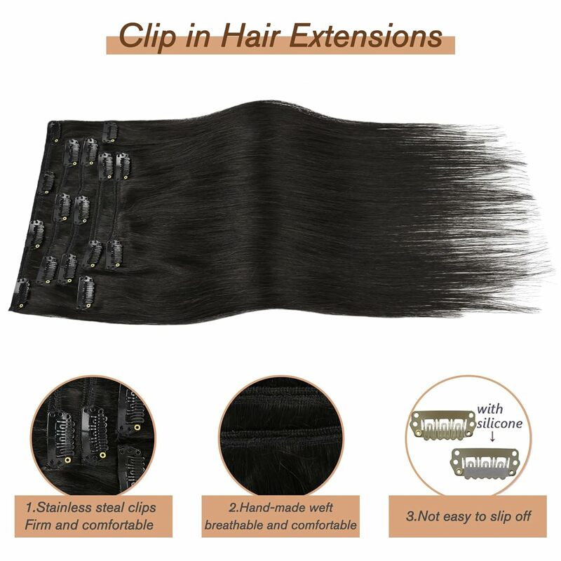 Extensions de cheveux humains à clipser droites, cheveux humains à double trame, 17clips, noir naturel, 1B #, 8 pièces par ensemble