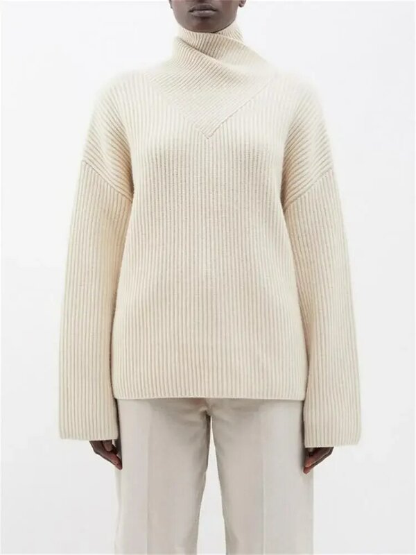 Autunno inverno nuove donne Pullover lavorato a maglia asimmetrico filettato tinta unita dolcevita maglione sciolto