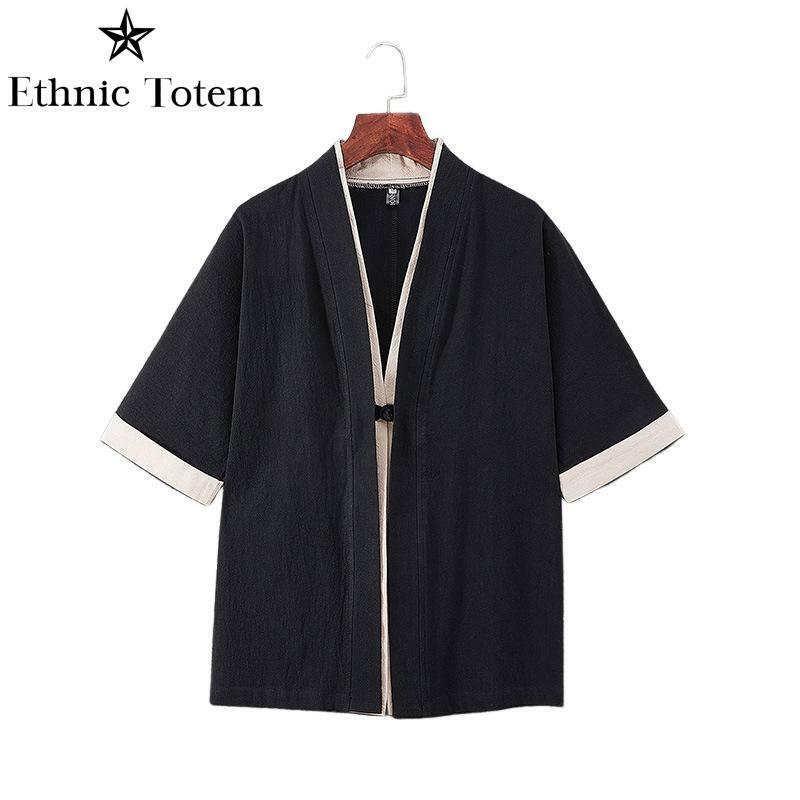 Kimono de lino ligero para hombre, traje Tang tradicional chino, cárdigan japonés samurái, color negro