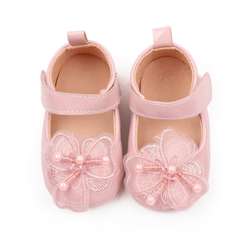 Zapatos suaves de PU TPR para niña, zapatillas antideslizantes con flores hermosas, primeros pasos