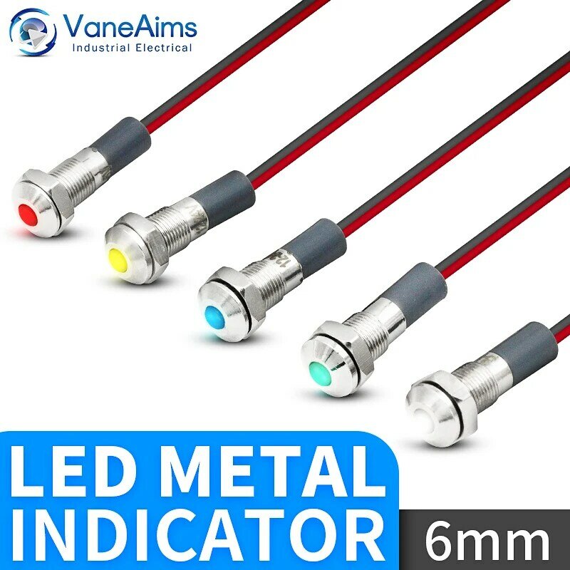 Металлический светодиодный индикатор vaneaim, 6 мм, маленькая сигнальная лампа для монтажа на панели, красный, синий, желтый, зеленый, белый, 220 В, 24 В, 12 В, 6 В, 3 в