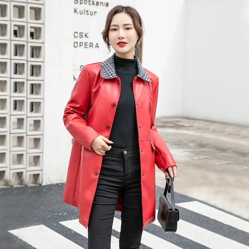 Fashion Join Together giacca in pelle Pu donna primavera autunno giacca a vento donna Mid Long versione coreana cappotto in pelle sottile
