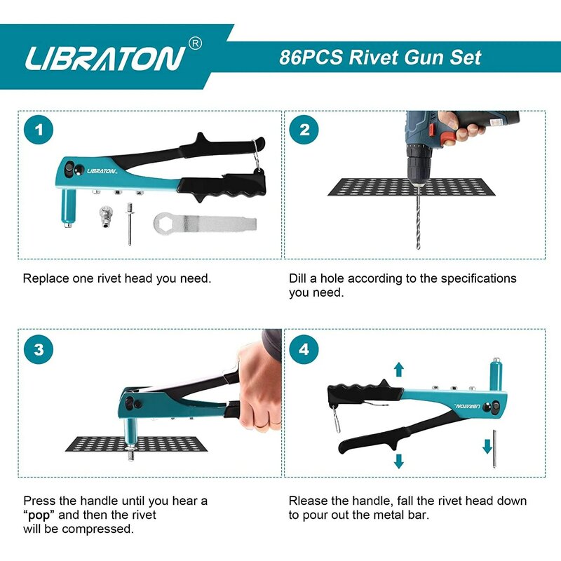 LIBRATON Rivet Gun Rivet Gun Kit Pop Rivet Gun 80PCS Metal Rivets 4 Drill Bits Heavy Duty Hand Riveter Rivet Gun Tool for Metal