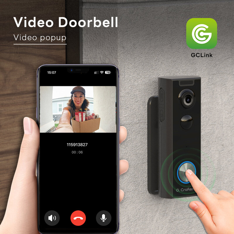 G.Craftsman J10 Wireless WiFi Video Doorbell Camera with Battery,Smart PIR Motion Detection,Night Vision,Intercom Doorbell Ring