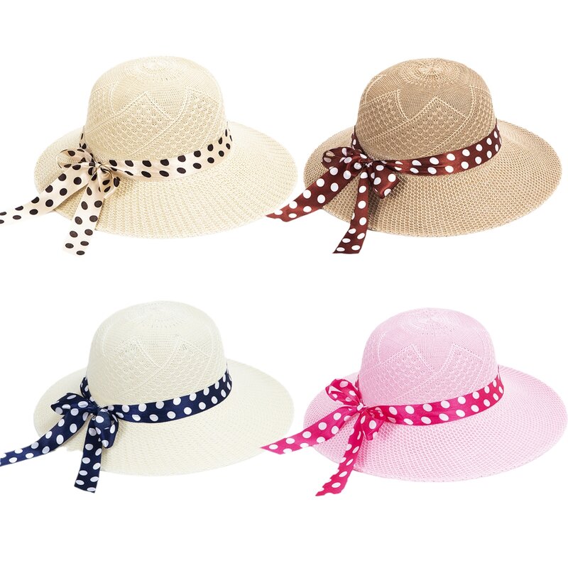 Chapéu de sol palha dobrável com arco para mulheres, chapéu de praia de aba larga para meninas, tampão solar de viagem à beira-mar, protetor solar, verão