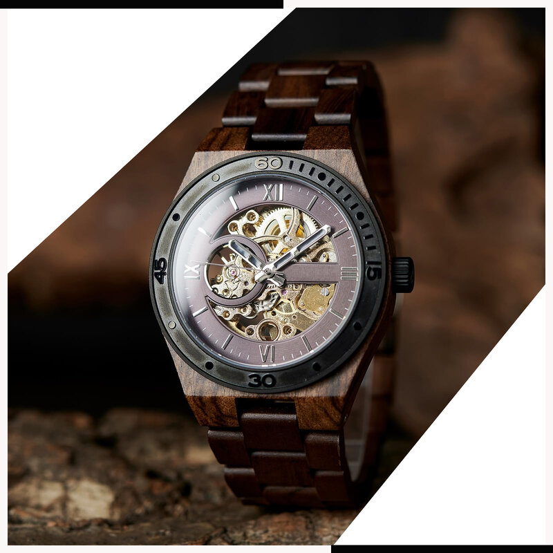 Relógio mecânico esqueleto de madeira masculino, leve, pulseira de madeira natural
