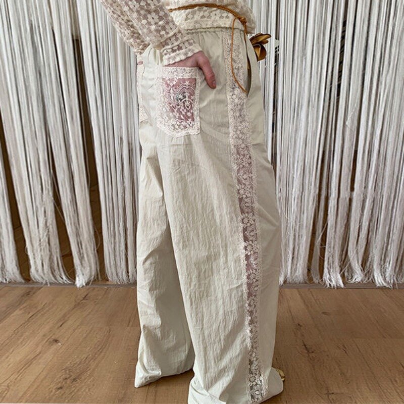 Deeptown-pantalones de pierna ancha de retazos de encaje para mujer, pantalón de gran tamaño, cintura alta elástica, Harajuku, moda coreana, informal, Vintage, blanco