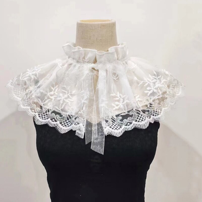 Y1UB-Collar tul con volantes para niñas, cuello victoriano transparente renacentista, solapa, Cosplay Medieval, chal con