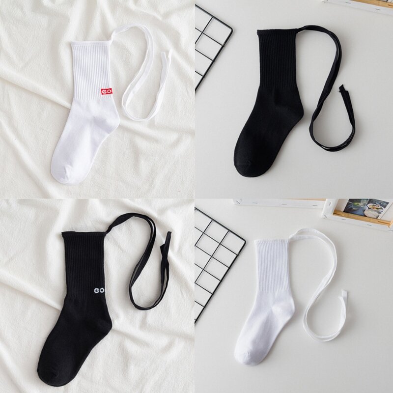 Японские Женские круглые носки в рубчик с перекрестным бантом, со шнуровкой, в стиле Харадзюку, с буквенным принтом, черные, Белые Повседневные уличные средние Носки в стиле "Лолита"