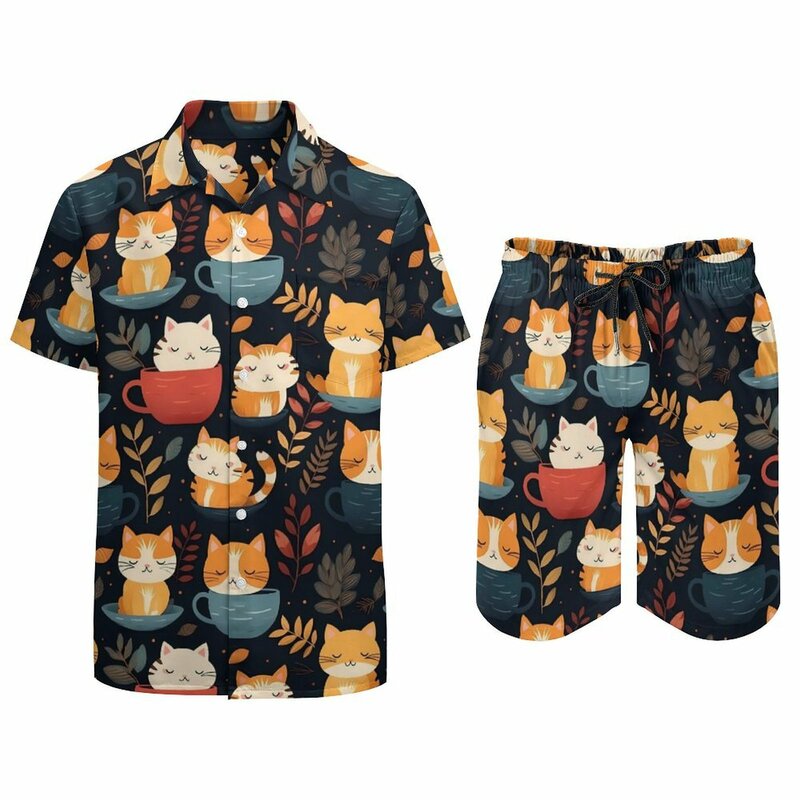 Magic Cats In Mugs Beach Men Set Cute Animal Casual Shirt Set Summer Pattern Shorts due pezzi Retro Suit Plus Size