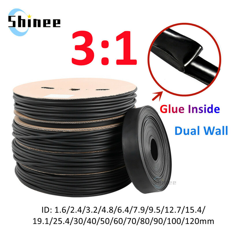 1/5/10/25/50/100M 3:1 Heat Shrink Tube with Glue Thermoretractile Heat Shrinkable Tubing Dual Wall Heat Shrink Tubing 1.6-120mm