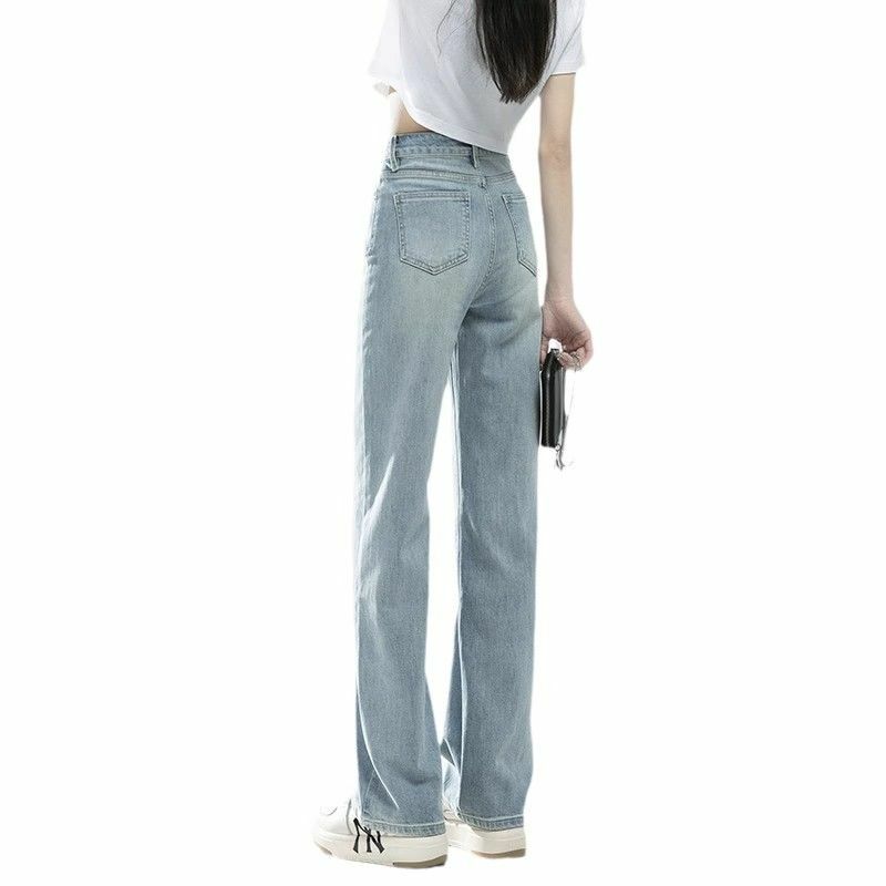 Celana Jeans kaki lebar biru muda untuk wanita, celana pel lantai kaki lurus longgar ramping pinggang tinggi musim panas 2024