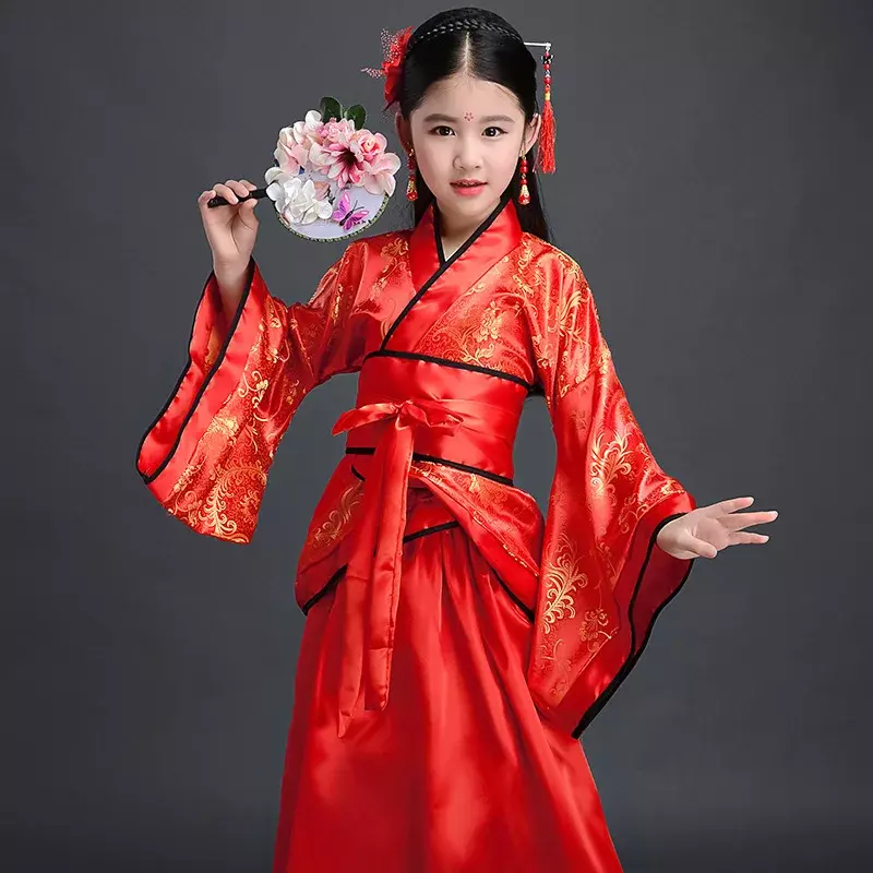 ผ้าไหมจีนชุดกิโมโนเด็กผู้หญิงแบบจีนโบราณ, ชุดแฟนพันธุ์แท้สไตล์วินเทจชุดเต้นรำคอรัสฮานฟู