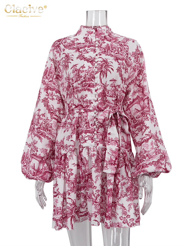 Clacive-vestido informal holgado para mujer, minivestido plisado con cuello levantado y manga abullonada, elegante, con cordones, 2023