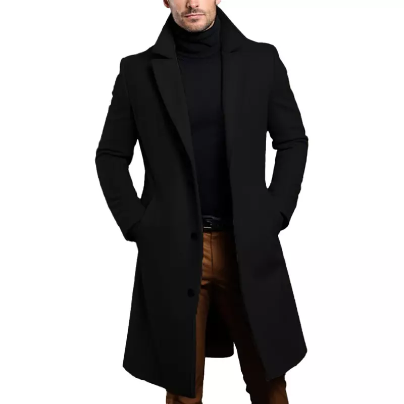Fashion Men's Long Style Warm Wool Trench Coat Solid Color Single Breasted Luxury Wool Blends Overcoat Tops Coats Clothing