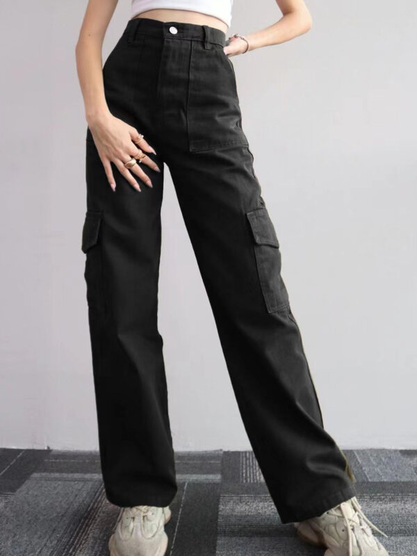 Y2K Women Vintage Cargo Pants Streetwear Techwear Korean Harajuku Parachute Pants Beige Sweatpants Wide Leg Joggers Trousers