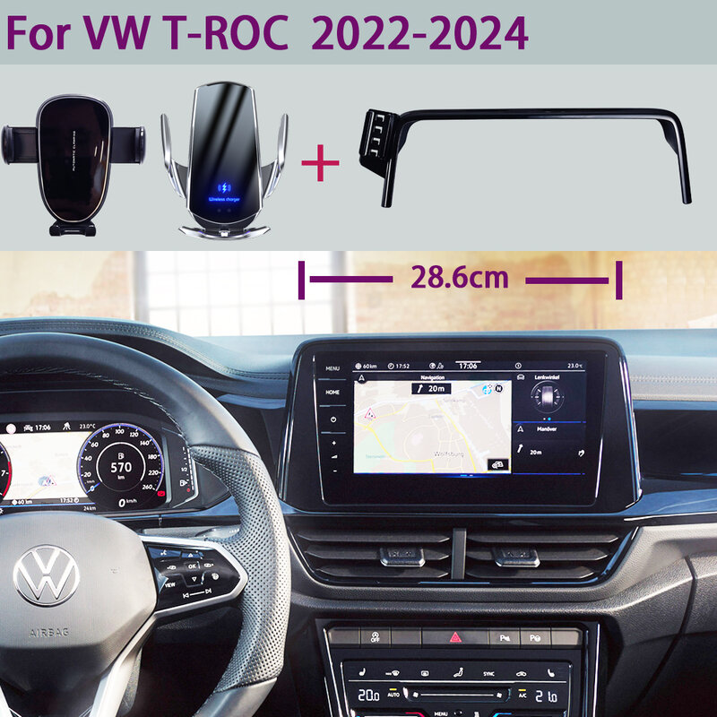 Uchwyt samochodowy do telefonu Volkswagen TRoc T-Roc 2022 2023 2024 ekran telefon stacjonarny uchwyt bezprzewodowa ładowarka mocowanie telefonu w samochodzie