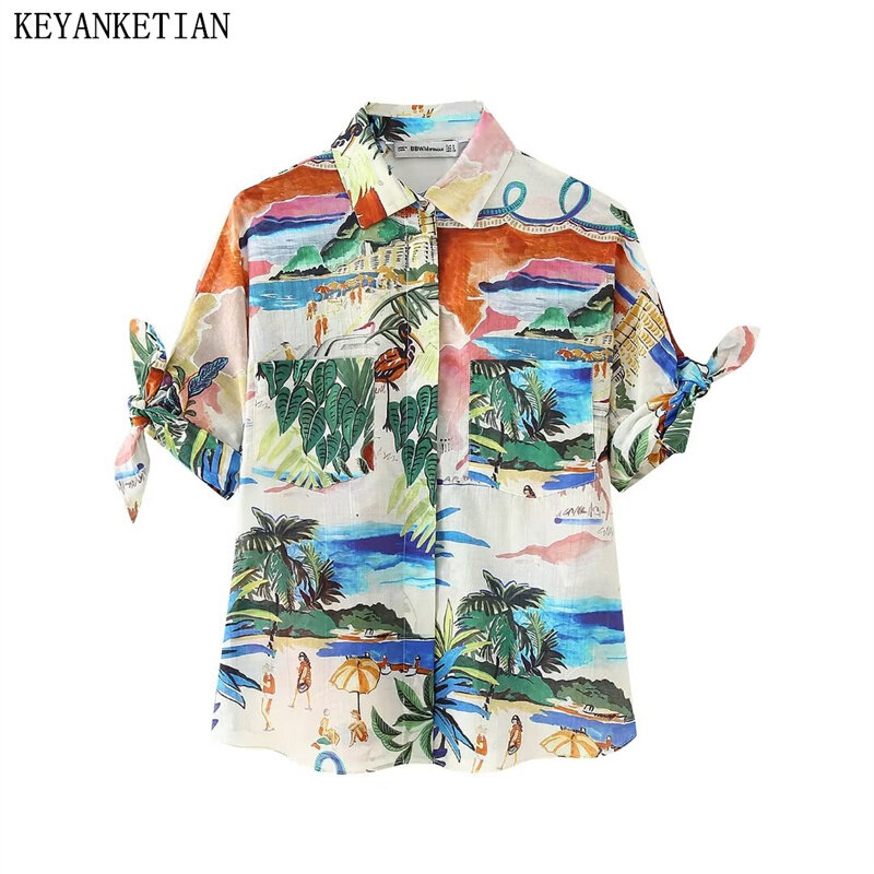 KEYANKETIAN-Camisa vintage estampada pelo vento para mulheres, férias de verão, decoração atada com punho, blusas de peito único, novo lançamento, 2022