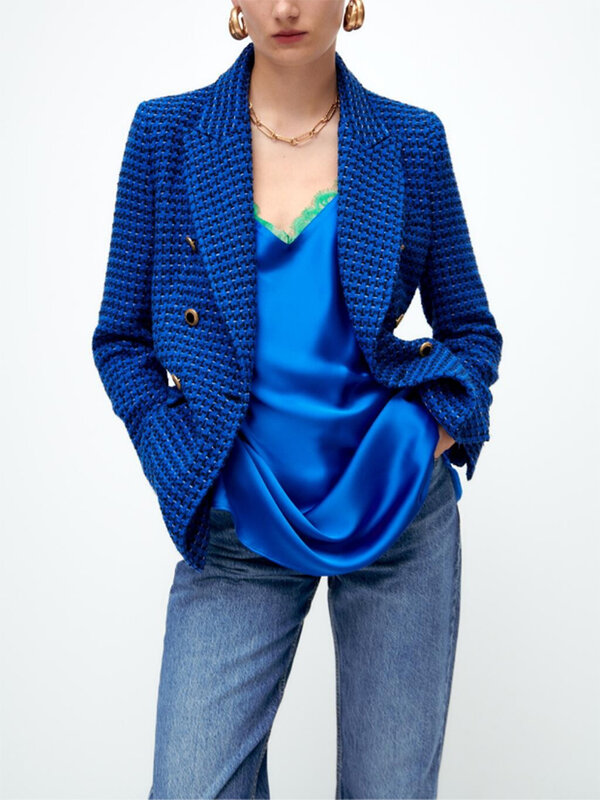 Женский твидовый Блейзер на пуговицах, осенне-зимний Повседневный офисный костюм с V-образным вырезом и длинным рукавом, цвет голубой