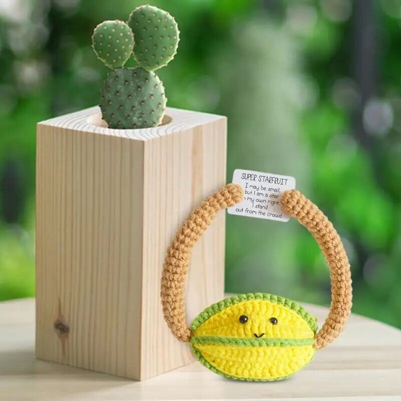 Cute Crochet Fruit Positive Dolls Inspirational Knitted Figurines with card Handmade Stuffed and Plush Plants Tabletop Ornaments