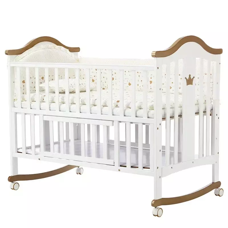 Crib Solid Wood European Baby Rocker with Roller Multi-functional Pine Plus Game Bb White Bed Wholesale