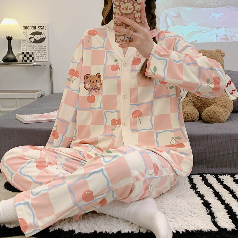 Pijamas de manga comprida feminina, conjuntos de pijama de 2 peças, lingerie sólida, tops, calças, pijamas, outono, inverno, fofo, 2022