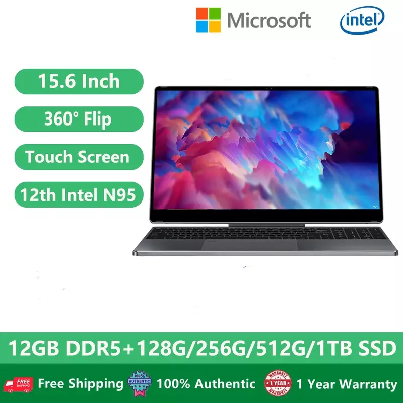 Laptop layar sentuh dengan Keyboard Stylus, notebook Gaming 2 in 1 komputer Windows 11 15.6 "12 Gen Intel N95 12GB DDR5 1TB