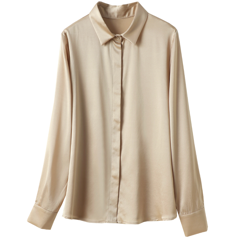 Qiao luxo de seda duplo feminino camisa de cetim, camisa de mangas compridas, monocromática, 93% amoreira natural, versátil, temperamento, 2024
