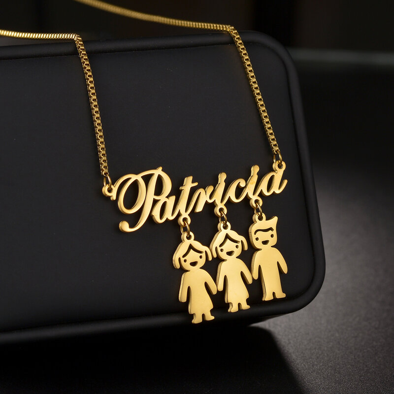 Akizoom personalisasi nama khusus kalung keluarga Choker baja nirkarat perhiasan untuk wanita kotak rantai anak laki-laki hadiah Hari Ibu