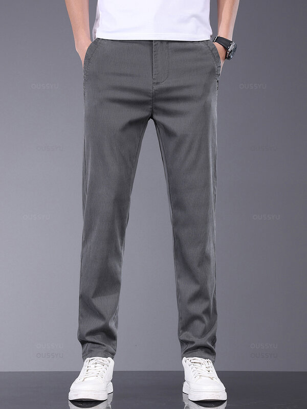 OUSSYU-Pantalones informales de tela Lyocell para hombre, pantalón de negocios de cintura elástica delgada, color gris, suave y elástico, para primavera y verano