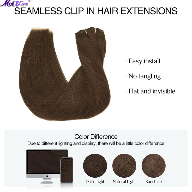 Clipe reto em extensões do cabelo, Remy cabelo humano, sem costura, Chocolate Brown