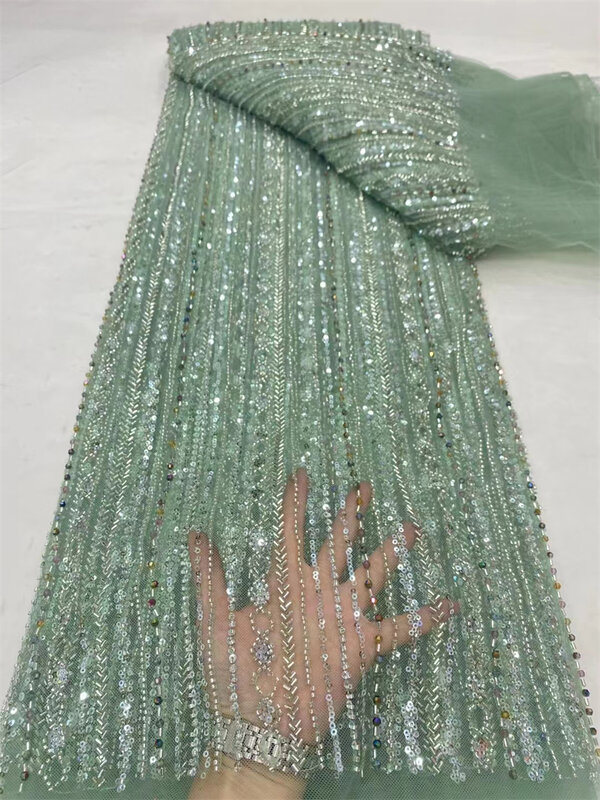 Luxus afrikanische Stickerei Perlen Rohr Spitze Stoff nigerian ischen Pailletten Spitze Stoff 5 Meter für Hochzeits feier Kleid, 2024