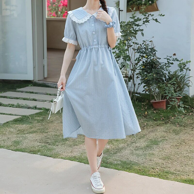 Mori girl plaid vestidos New summer fashion short sleeve women sweet dress