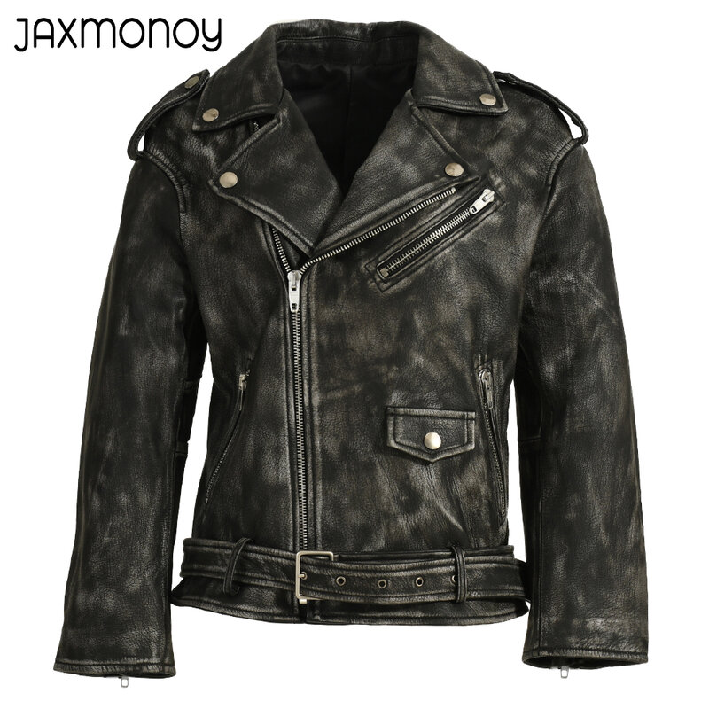 Jaxmonoy-Chaqueta de cuero auténtico con cinturón para mujer, a la moda abrigo de piel de oveja, con cremallera, para motociclista, novedad de primavera, 2023
