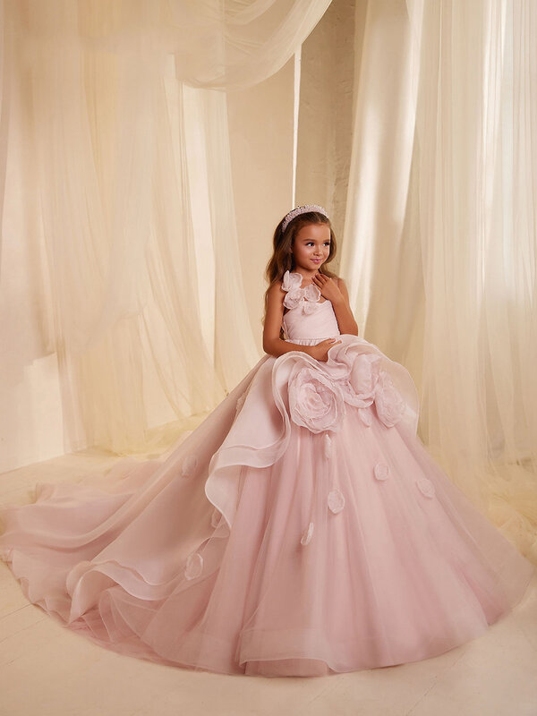 Розовое платье для девочки с цветочным рисунком на свадьбу, пышная фатиновая аппликация, детское платье принцессы на день рождения, бальное платье для первого причастия