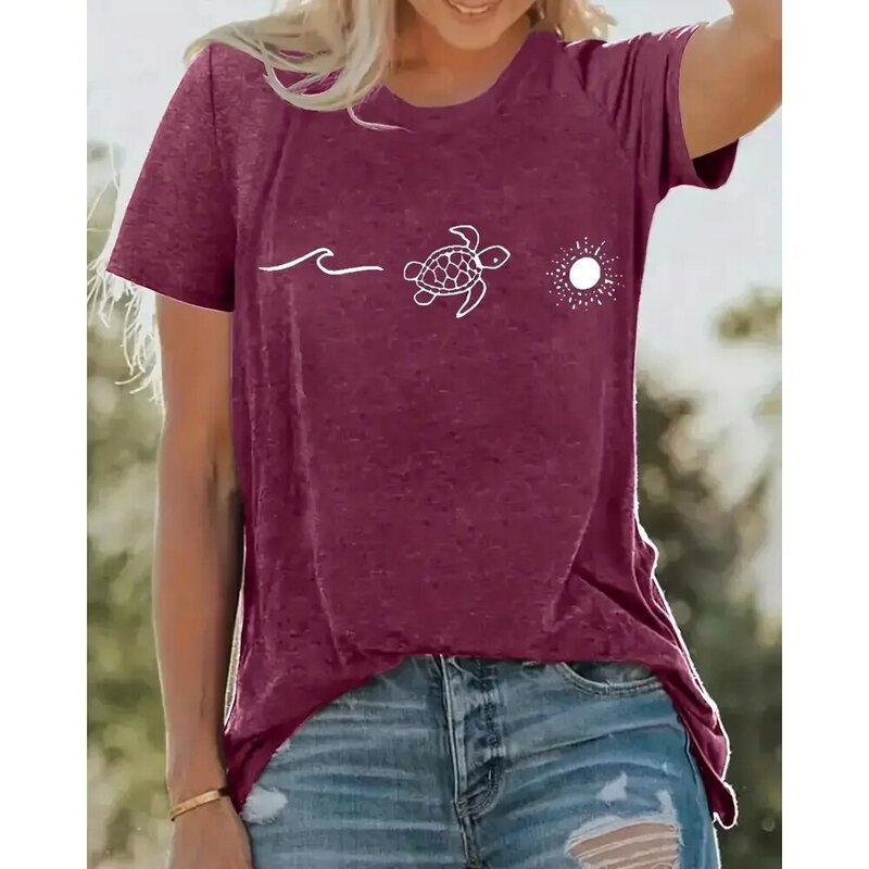 Camiseta de manga curta solta Turtle Sun padrão feminino, camiseta estampada, gola redonda, roupas da moda, verão
