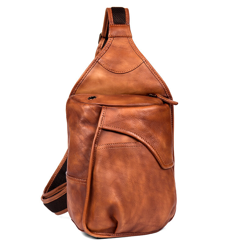 Retro tide handmade leather chest bag men's casual shoulder bag sports cycling shoulder bag leather crossbody bag