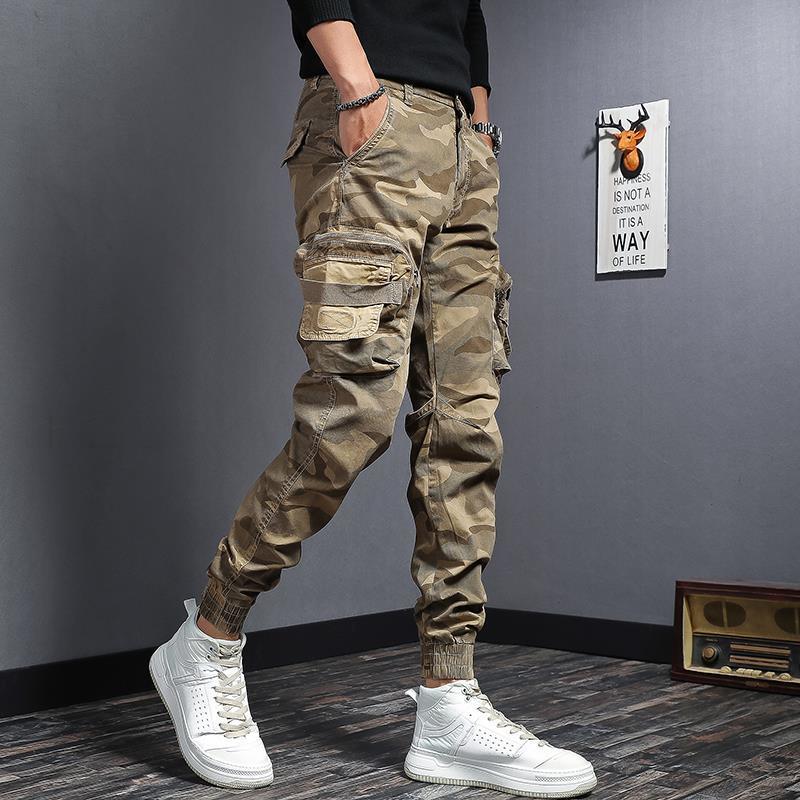 2023 męskie wiosenne spodnie na lato elastyczny pas kieszenie ze sznurkiem sportowe spodnie z nadrukiem kamuflażu spodnie Cargo D137