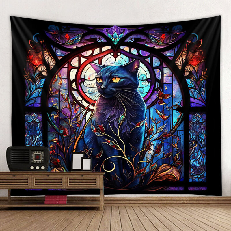 Parede colorida pendurada gato tapeçaria, feitiçaria, dormitório animal psicodélico, decoração estética do quarto, pano de fundo sonhador