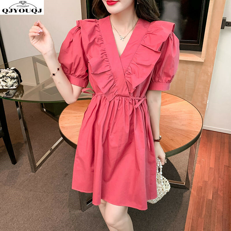 Pink A-line Skirt 2024 Spring/summer New Waistband Slimming Style Tie Up Bubble Sleeves V-neck Ruffled Edge Dress