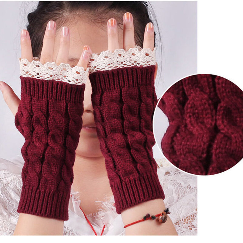 Feminino borda de renda metade dedo luvas inverno macio lã quente tricô fingerless luvas mitenes moda menina casual acessórios t152