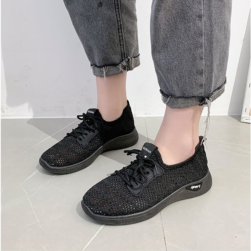 Breathable Mesh Shoes Ladies Summer Hollow Out Sports Casual Shoes Lightweight All-match Running Footwear Lace-up Sneakers Women