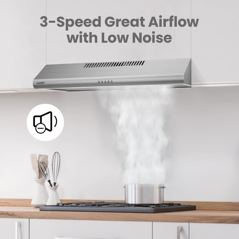 30 inch,Under Cabinet Ducted/Ductless Convertible,Slim Vent Durable Stainless  Reusable Filter, 3 Speed Exhaust Fan,2 LED Lights