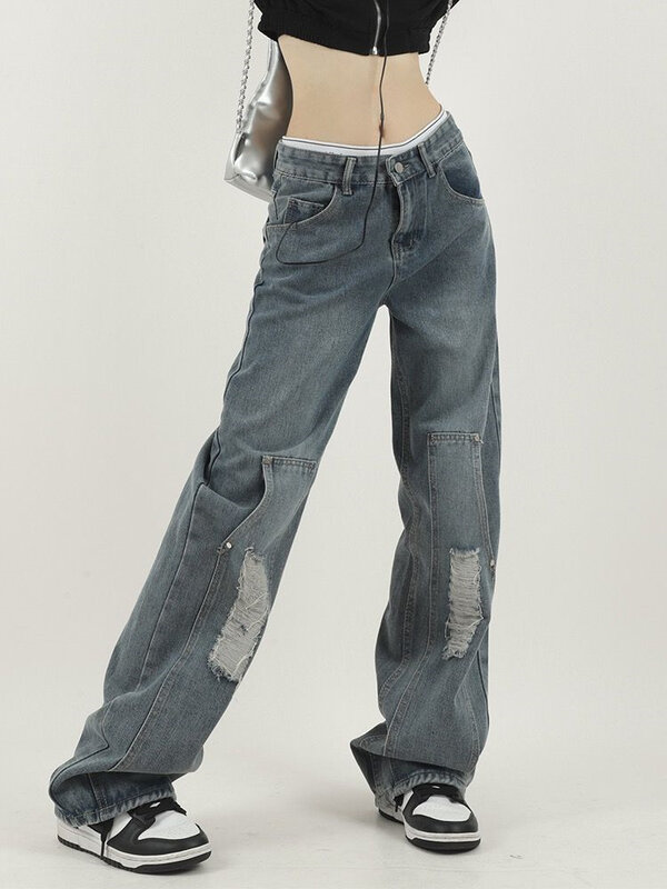 Frauen Patchwork Löcher Design Sommer weites Bein Jeans junges Mädchen Street Style Baggy Bottoms Vintage Freizeit hose weibliche Hosen